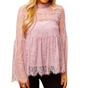 Altar'd State Atalaya Lilac Sheer Mesh Lace Cutout Bell Sleeve Peplum Blouse S